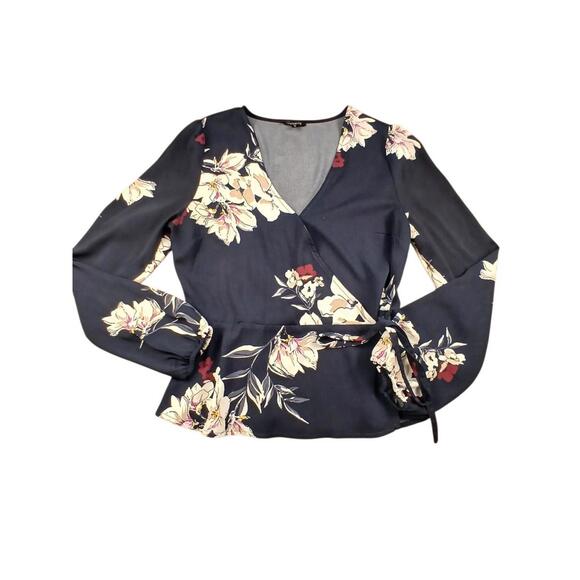 Dynamite Tops - Dynamite Blouse Small Navy Floral Faux-Wrap Style Peplum Long puff sleeve V-neck
